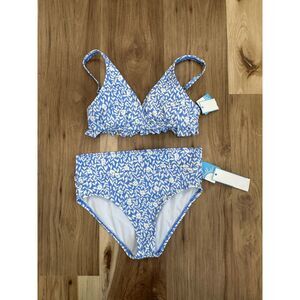 NWT Draper James Summer Picnic Ruffle Bikini Top and Bottom Blue Floral Size XS